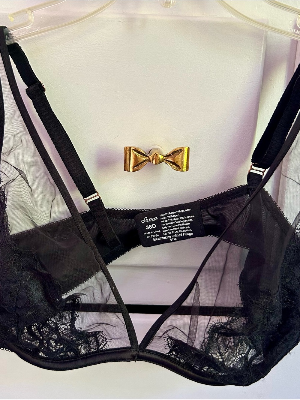 Soma Breathtaking Unlined Plunge Bra 38D Black Lace Sheer Strappy